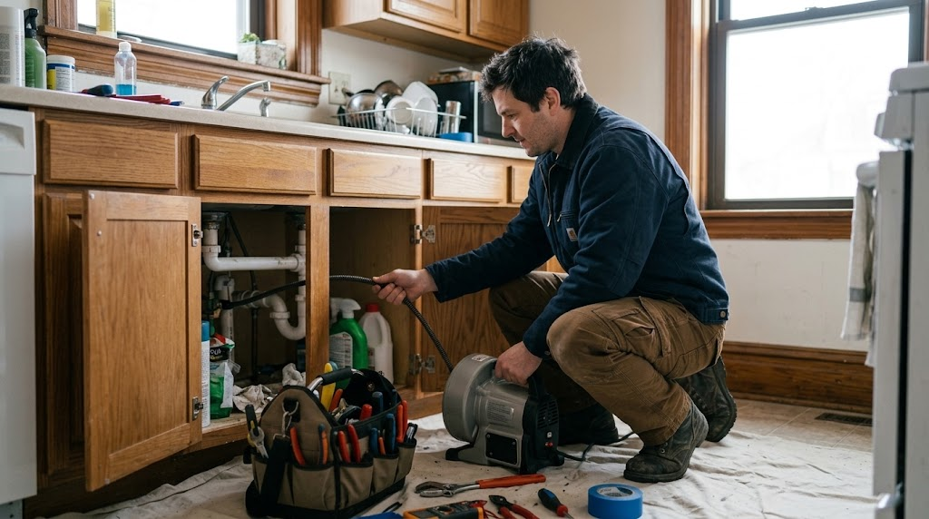 Plumber operating commercial motorized drain cleaning auger in Kew Gardens