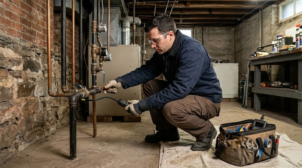 Plumber testing black iron gas piping and shutoff valves in Kew Gardens Queens