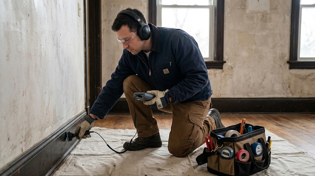 Professional plumber using electronic acoustic leak detection tools in Kew Gardens Queens