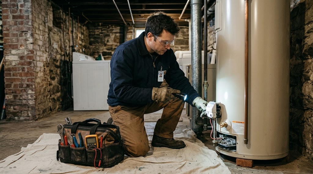 Plumber checking burner assembly and temperature controls on a domestic water heater in Kew Gardens